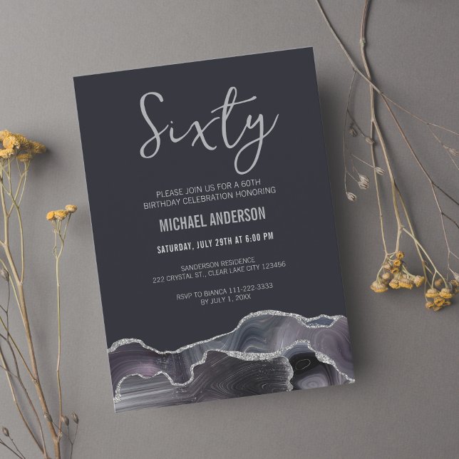 Modern Grey Silver Agate 60th Birthday Party   Invitation (Creator Uploaded)