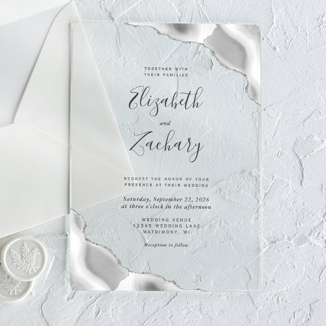 Modern Grey Silver Agate Corners Wedding Acrylic Invitations (Creator Uploaded)
