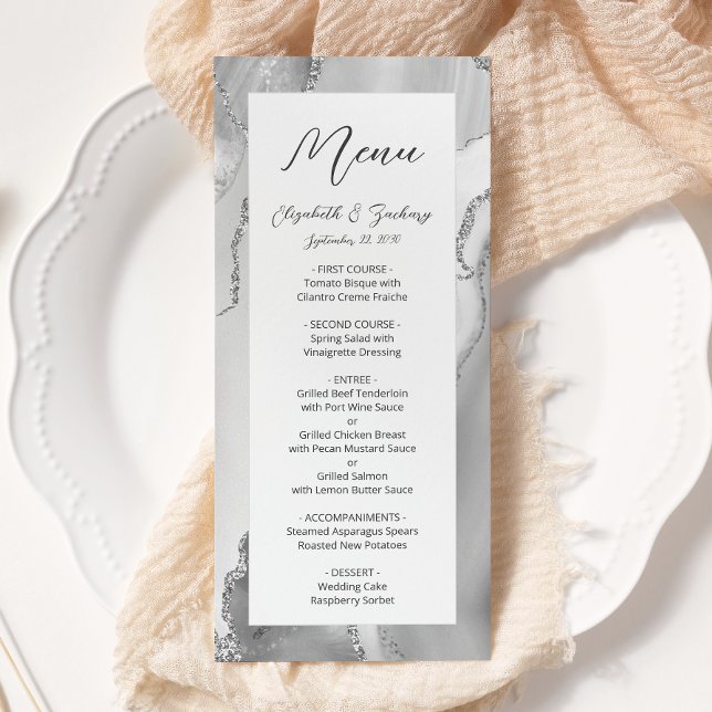 Modern Grey Silver Agate Wedding Menu (Creator Uploaded)
