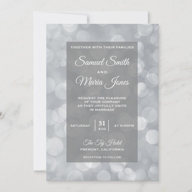 Modern Grey Silver Bokeh Wedding Invitation (Front)