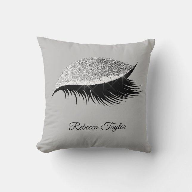 Modern Grey Silver Eyelash Script Cushion (Front)