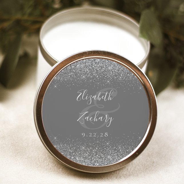 Modern Grey Silver Glitter Edge Wedding Classic Round Sticker (Creator Uploaded)