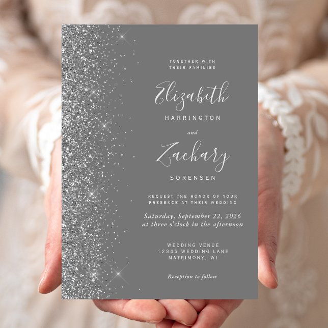 Modern Grey Silver Glitter Edge Wedding Invitation (Creator Uploaded)