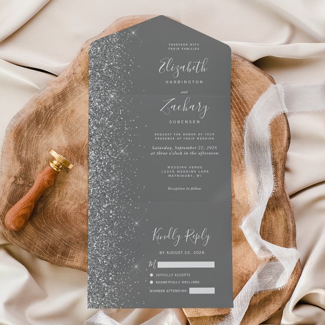 Modern Grey Silver Glitter Wedding All In One Invitation (Creator Uploaded)