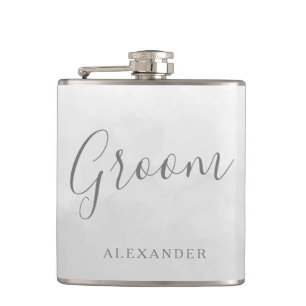 Modern Grey Silver Grooms Wedding Favour Name Gift Hip Flask