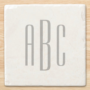 Modern Grey Simple Three Letter Monogram Stone Coaster