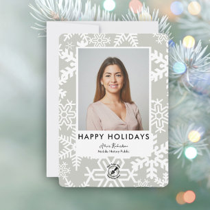 Modern Grey Snowflake Notary Happy Holidays Photo  Holiday Card