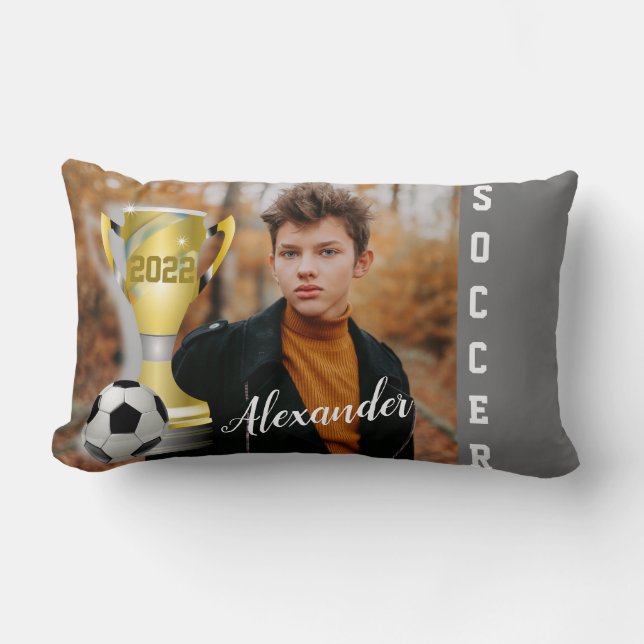 Modern Grey Soccer Sports Photo & Name for him Lumbar Cushion (Front)