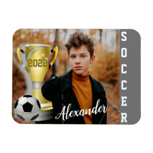 Modern Grey Soccer Sports Photo & Name for him Magnet