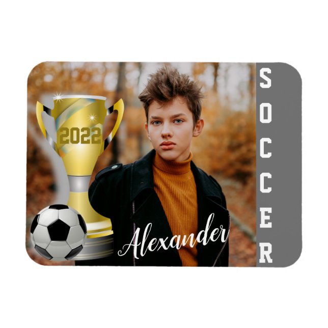 Modern Grey Soccer Sports Photo & Name for him Magnet (Horizontal)