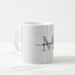 Modern Grey Stripe Monogram Name Coffee Mug<br><div class="desc">Start your morning in style with this personalised grey striped coffee mug, designed to bring timeless charm to every sip. Featuring a soft grey and white striped background, this elegant mug is customised with your monogram initial and full name in a graceful script font—creating a feminine, refined look that feels...</div>