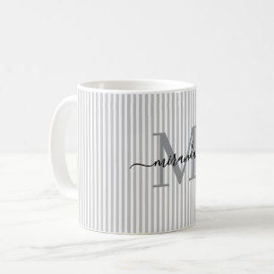 Modern Grey Stripe Monogram Name Coffee Mug