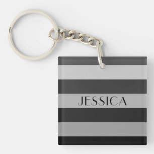 Modern Grey Striped Name Key Ring