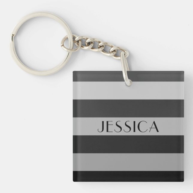 Modern Grey Striped Name Key Ring (Front)
