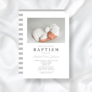 Modern Grey Stripes Boy Baptism Photo Invitation
