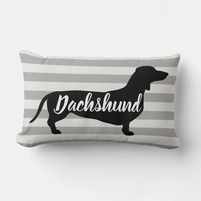 Modern Grey Stripes Dachshund Dog Lumbar Cushion (Front)