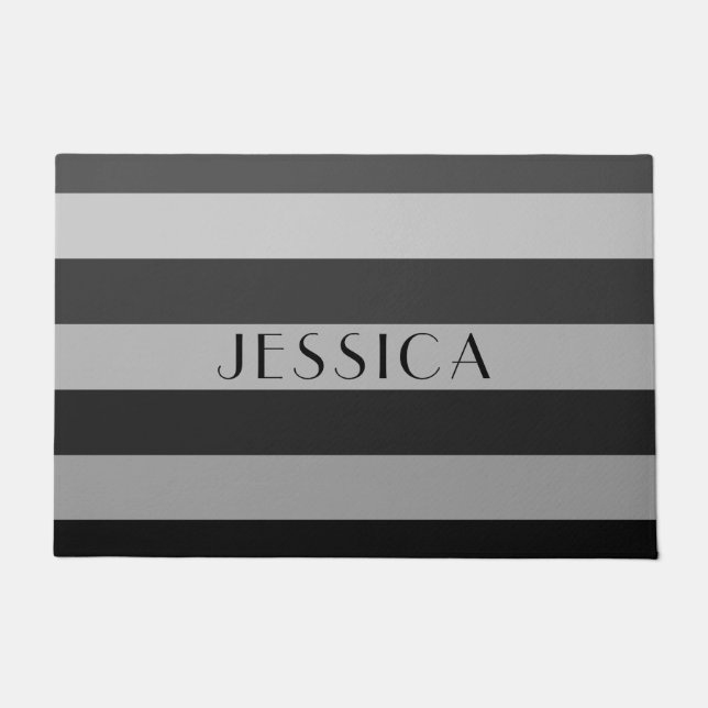 Modern Grey Stripes Name Doormat (Front)