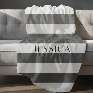 Modern Grey Stripes Name Fleece Blanket