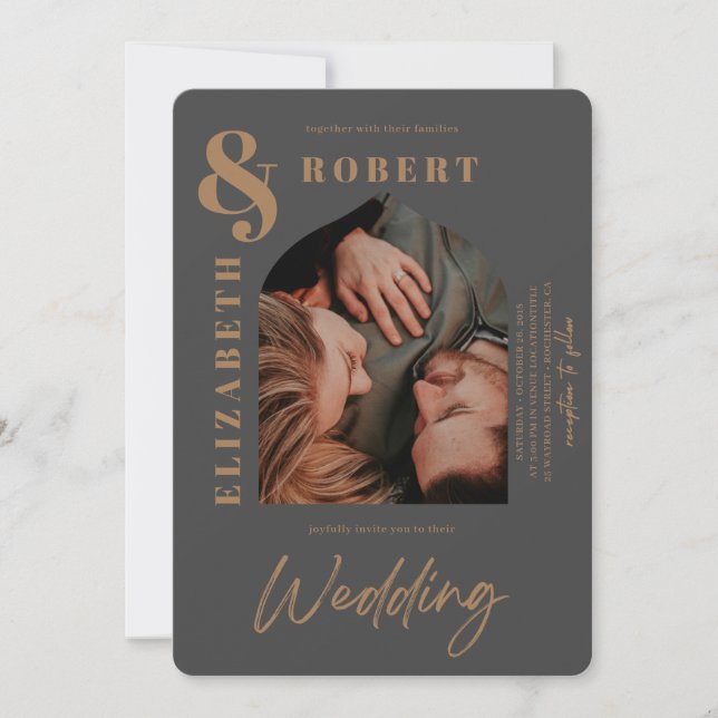 Modern Grey Stylish Bold Arched Photo Wedding Invitation (Front)