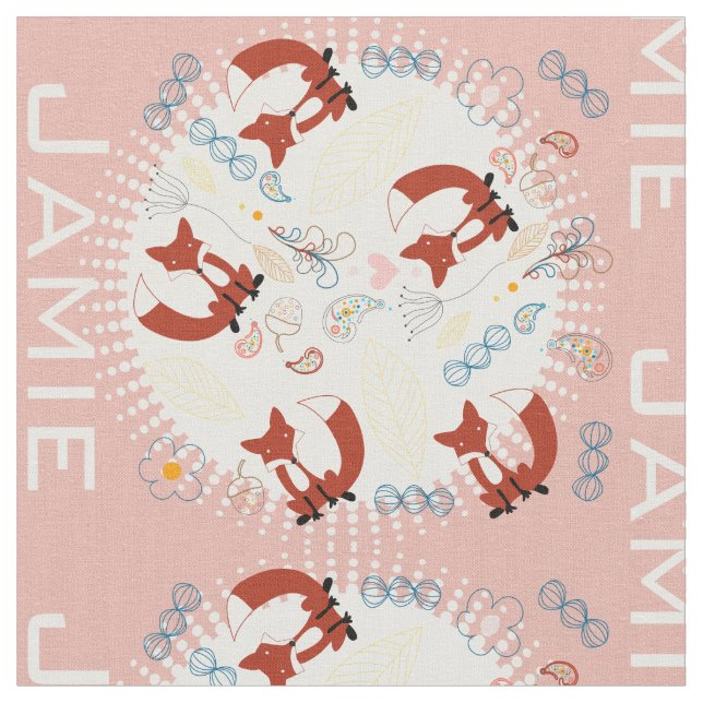 Modern Grey Teal Pink Personalised Fox Pattern Fabric (Close Up)