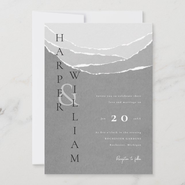 modern grey torn paper mountains wedding invitatio invitation (Front)