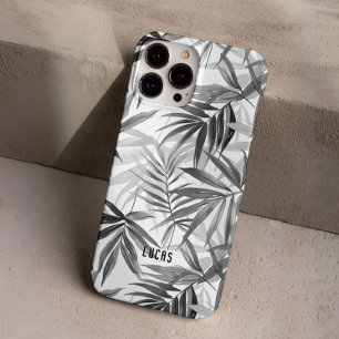Modern Grey Tropical Leaves Pattern Custom Name iPhone 16 Pro Case