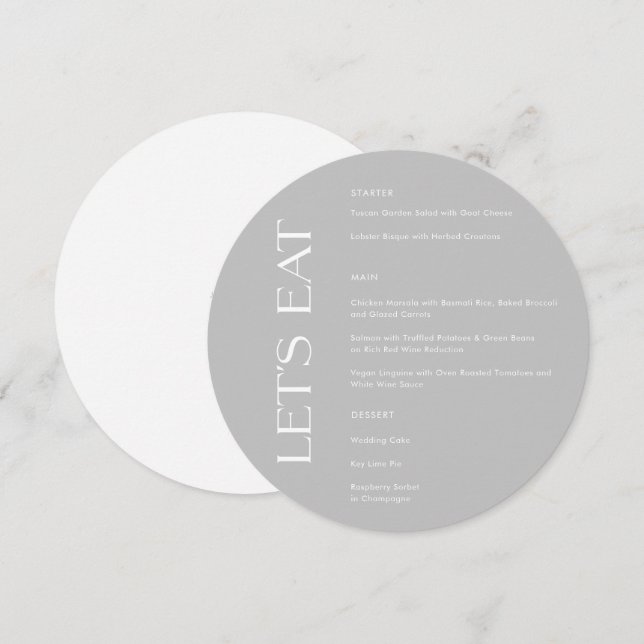 Modern Grey Typography Let's Eat Wedding Menu (Front/Back)