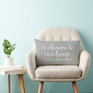 Modern Grey Welcome Home Custom Last Name Lumbar Cushion