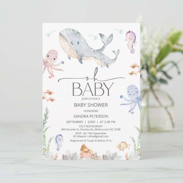 Modern Grey Whale Oh Baby Under Sea Baby Shower Invitation (Standing Front)