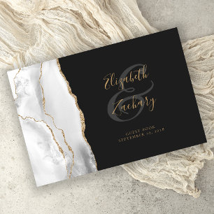 Modern Grey White Agate Gold Script Dark Guest Book