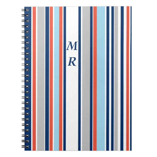 Modern Grey White Blue Red Stripes Monogram Notebook (Front)