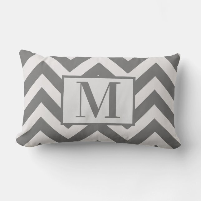 Modern Grey White Chevron Design Monogram Lumbar Cushion (Front)