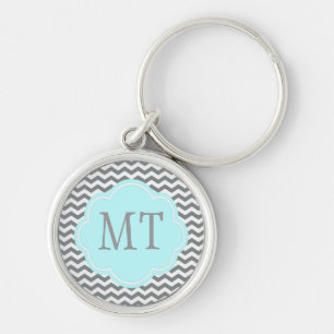 modern grey, white chevron monogram key ring