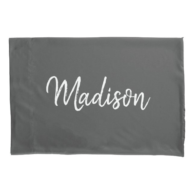 Modern Grey White Chic Script Personalised Pillowcase (Front)
