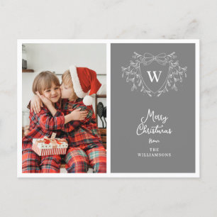 Modern grey & white classy crest photo holiday postcard