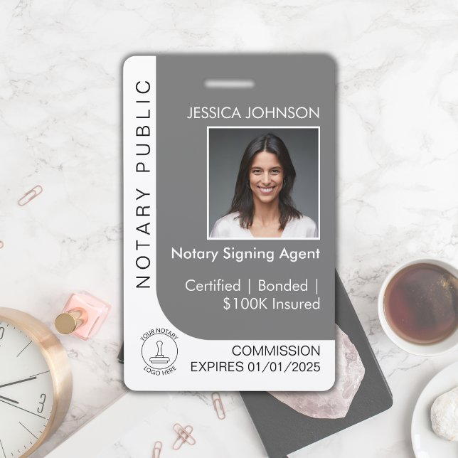 Modern Grey & White Custom Notary Photo ID   Badge (Creator Uploaded)