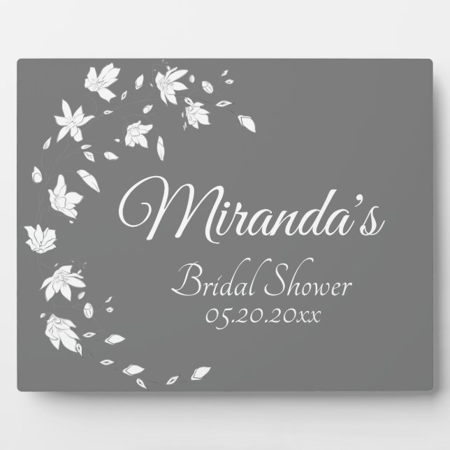 Modern Grey & White Floral Bridal Shower Table Plaque (Front)