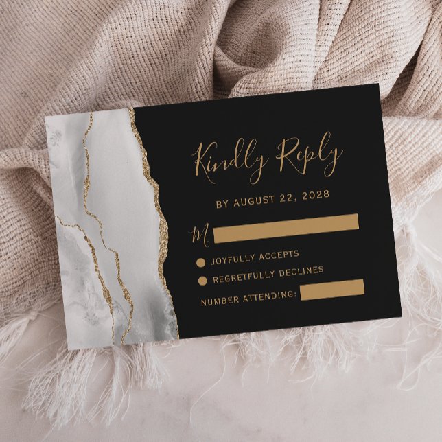 Modern Grey White Gold Agate Dark Wedding RSVP Card (Creator Uploaded)