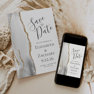 Modern Grey White Gold Agate Save the Date