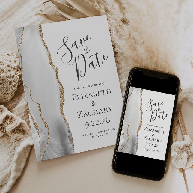 Modern Grey White Gold Agate Save the Date (Creator Uploaded)
