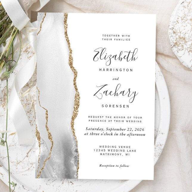 Modern Grey White Gold Agate Wedding Invitation (Creator Uploaded)