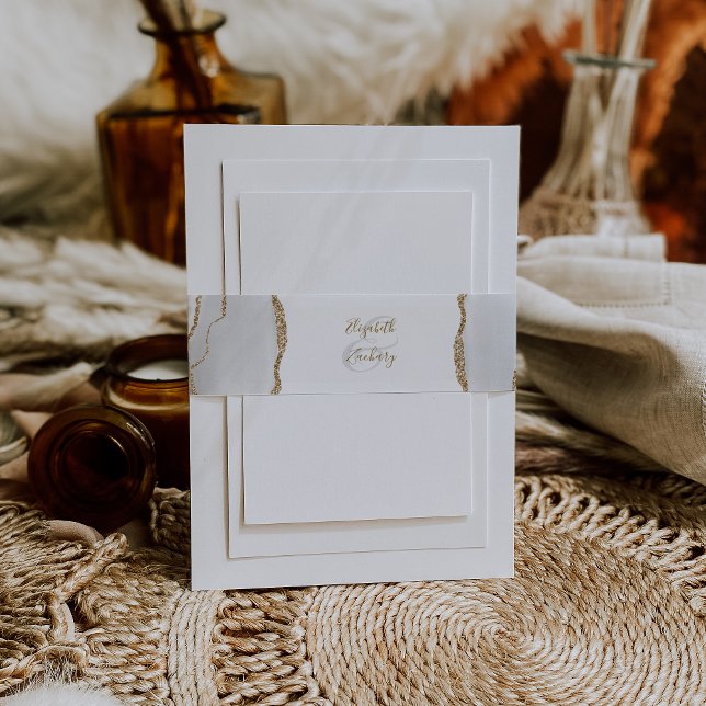 Modern Grey White Gold Agate Wedding Invitation Belly Band (Creator Uploaded)
