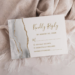 Modern Grey White Gold Agate Wedding RSVP Card