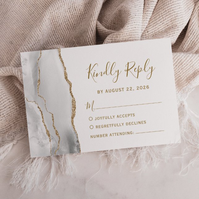 Modern Grey White Gold Agate Wedding RSVP Card (Creator Uploaded)