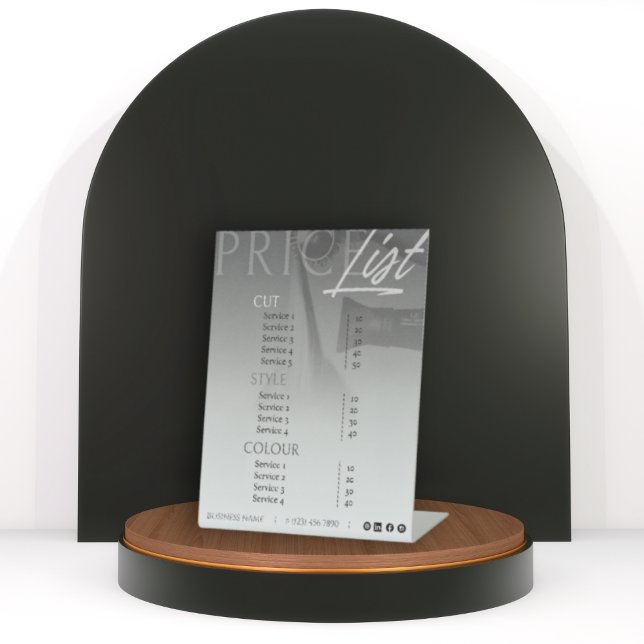 Modern Grey White Hair Stylist Price List/Menu Pedestal Sign (Front view)