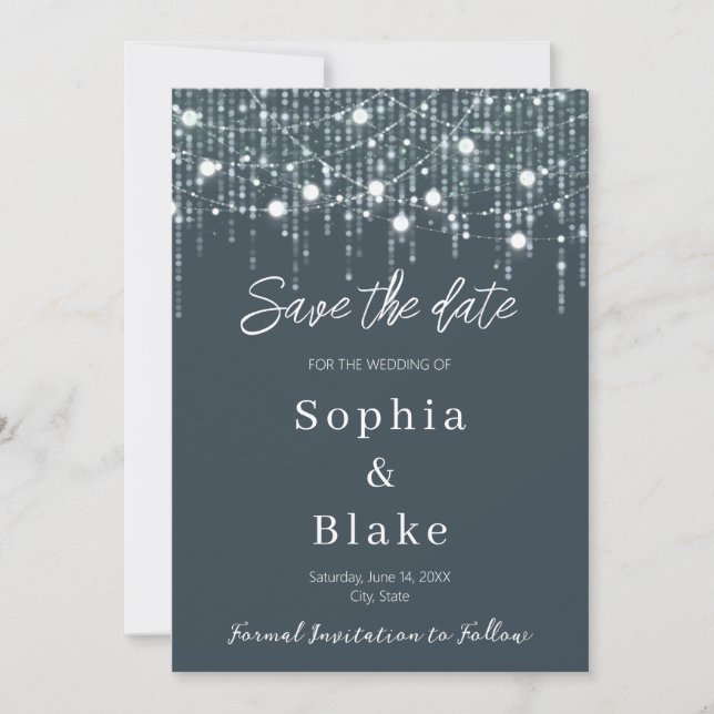 Modern Grey & White Hanging Lights Save the Date  Invitation (Front)