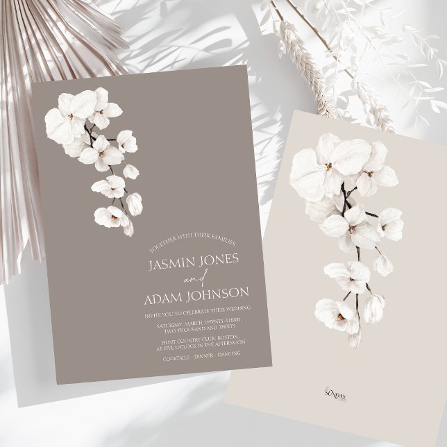 Modern Grey White Orchid Elegant Wedding Invitation (Modern Gray White Orchids Wedding Invitation)