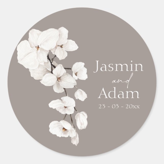 Modern Grey White Orchid Wedding Envelope Classic Round Sticker (Front)