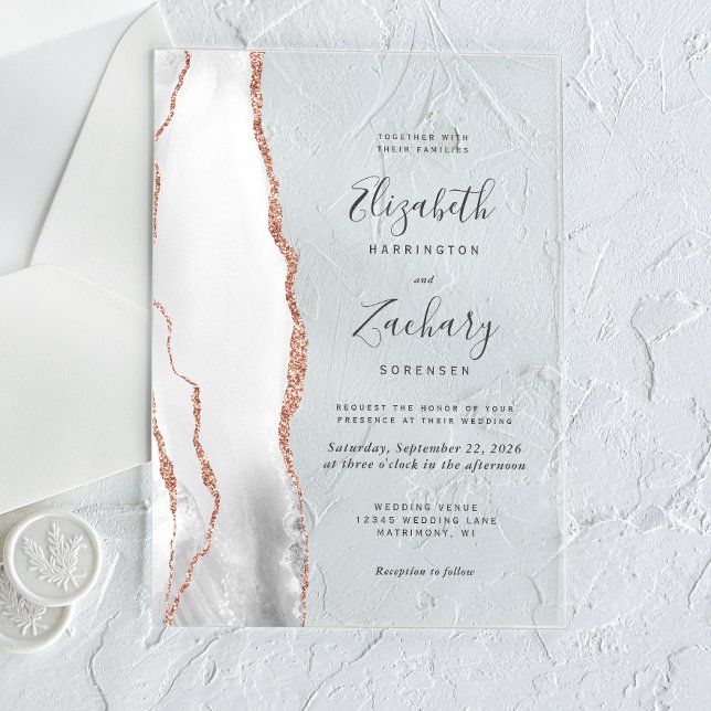 Modern Grey White Rose Gold Agate Wedding Acrylic Invitations (Creator Uploaded)