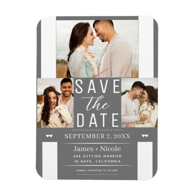 Modern Grey White Save the Date 3 Photo Wedding  Magnet (Vertical)